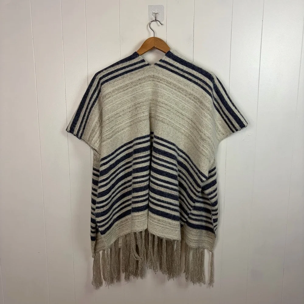 Minkas Striped Knit Poncho Cardigan Fringe Open Front Boho Shawl Wrap Sweater - Picture 4 of 9